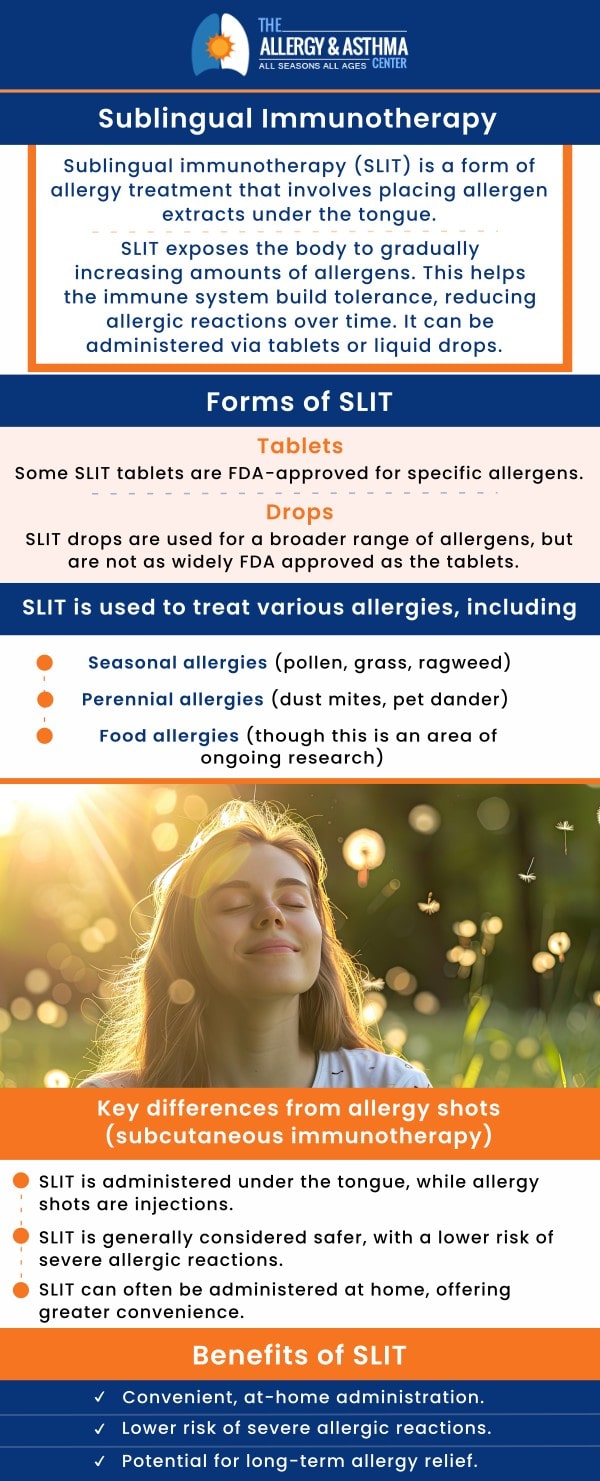 People who are sensitive to specific pollens or dust mites can use sublingual immunotherapy to manage their allergic nasal and eye symptoms, as well as minor to moderate allergic asthma. At Allergy & Asthma Center, our expert doctors & medical staff provide sublingual immunotherapy (allergy drops) treatment. We have convenient locations to serve you in Atlanta, Conyers & Lawrenceville GA. Please contact us today to make an appointment. People who are sensitive to specific pollens or dust mites can use sublingual immunotherapy to manage their allergic nasal and eye symptoms, as well as minor to moderate allergic asthma. At Allergy & Asthma Center, our expert doctors & medical staff provide sublingual immunotherapy (allergy drops) treatment. We have convenient locations to serve you in Atlanta, Conyers & Lawrenceville GA. Please contact us today to make an appointment.