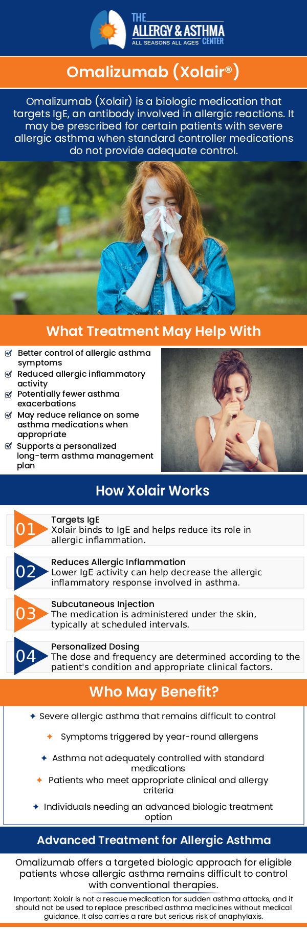 Allergists at The Allergy & Asthma Center offer allergy treatment with omalizumab (xolair). For more information, please contact us or book an appointment online. We serve patients from Lawrenceville GA, Atlanta GA, Conyers GA, Suwanee GA, Duluth GA, Grayson GA, Decatur GA, Brookhaven GA, Lithonia GA and Covington GA.